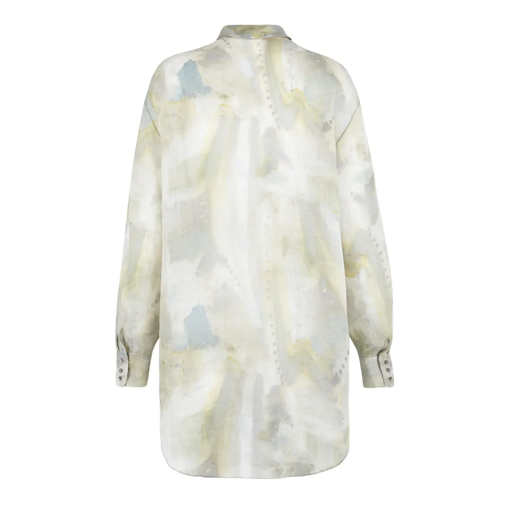 Airy Watercolor Print Long Sleeve Button Down Ramie Blouse - Green