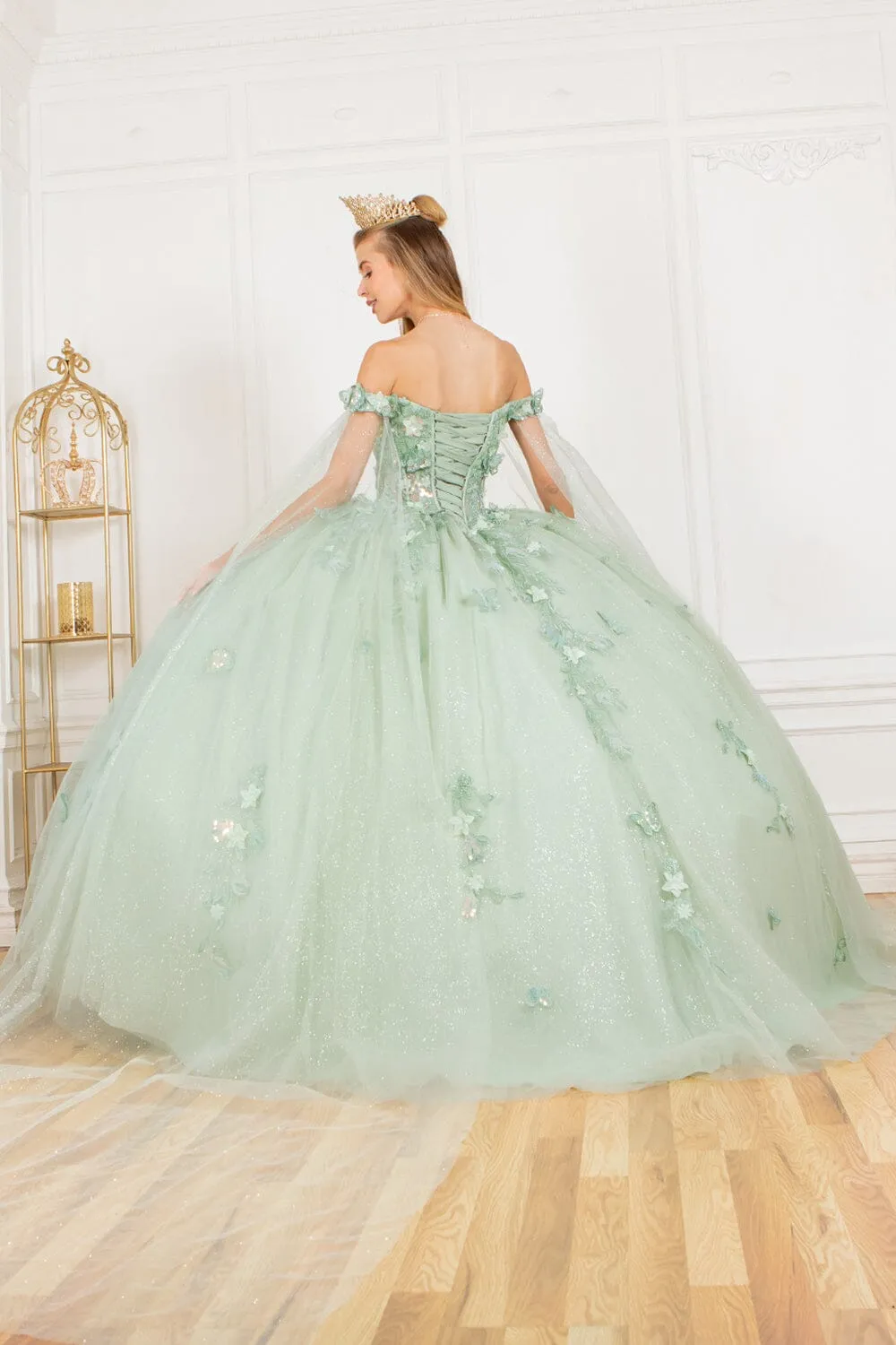 Applique Cape Sleeve Ball Gown by Cinderella Couture 8075J