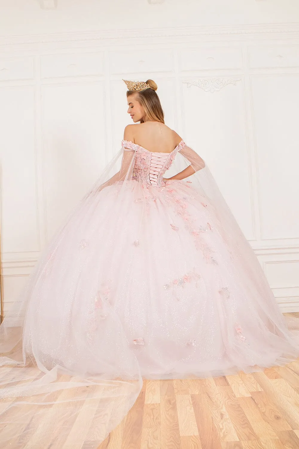 Applique Cape Sleeve Ball Gown by Cinderella Couture 8075J