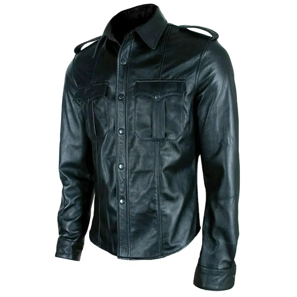 Black Buttoned Long Sleeve Leather Shirt