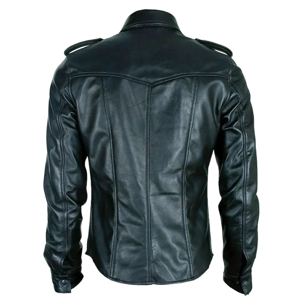 Black Buttoned Long Sleeve Leather Shirt