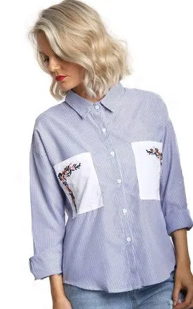 Black Pin Stripe Floral Embroidered Pocket Button Up Blouse