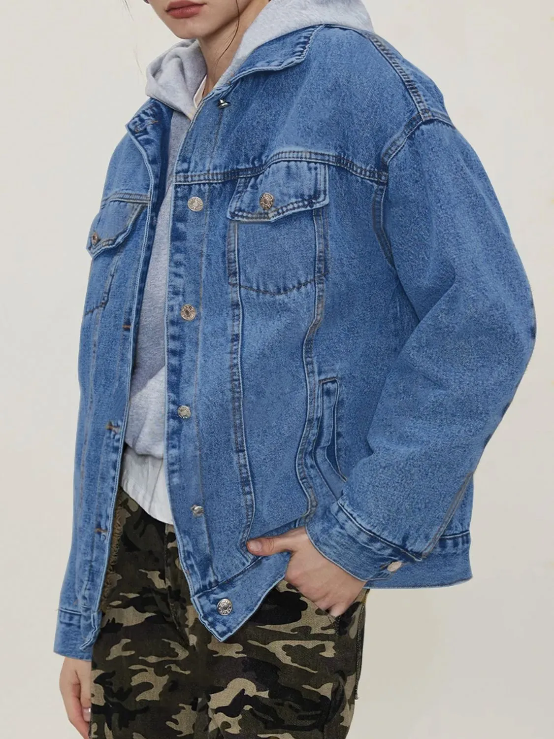 Button Up Collared Neck Long Sleeve Denim Jacket