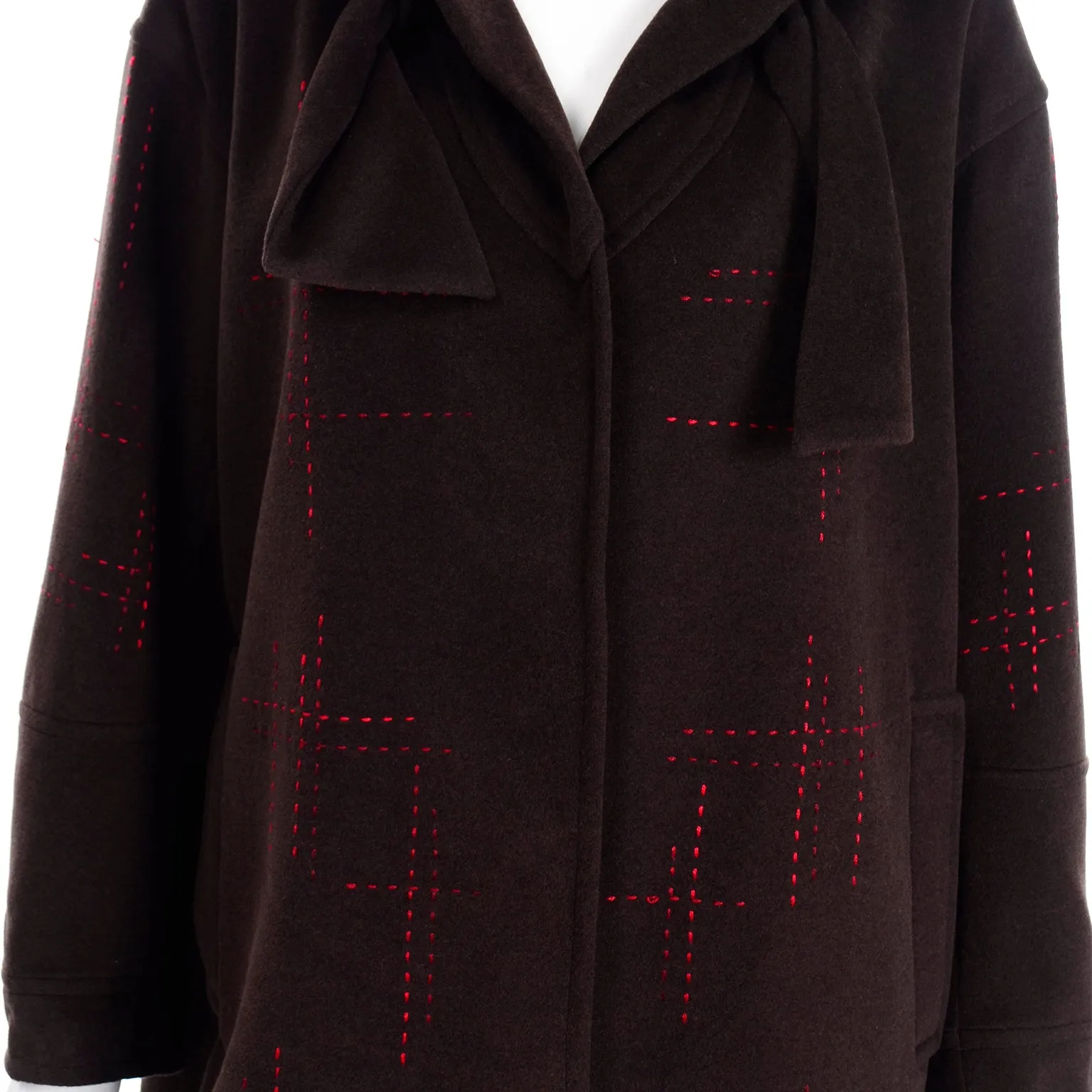 Christian Lacroix Vintage Brown Wool Coat W Red Topstitching and Bow