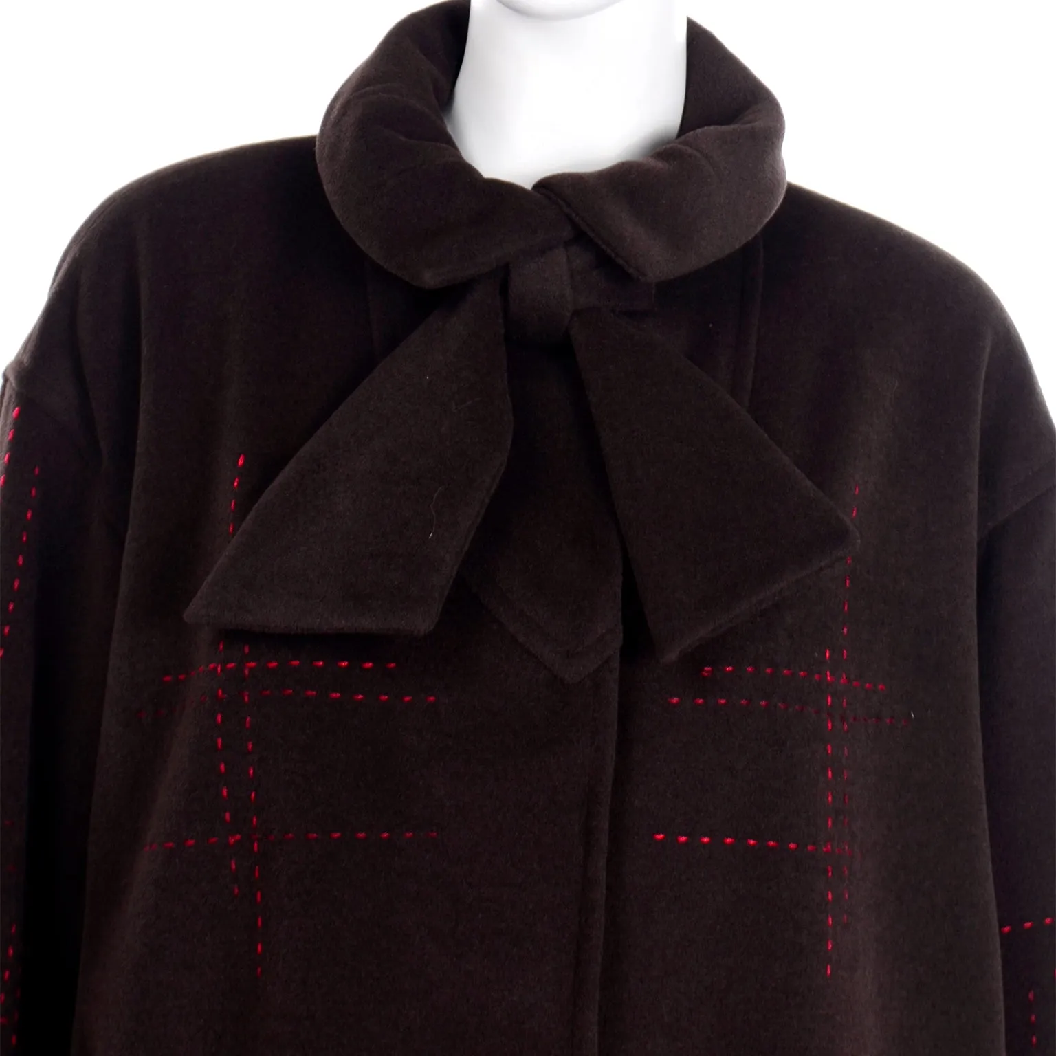 Christian Lacroix Vintage Brown Wool Coat W Red Topstitching and Bow