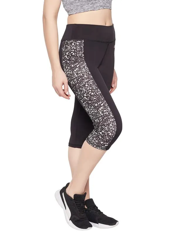 Clovia Women's Snug Fit High-Rise Active Capri in Black with Marble Print Panels (AB0094D13_Black_S)