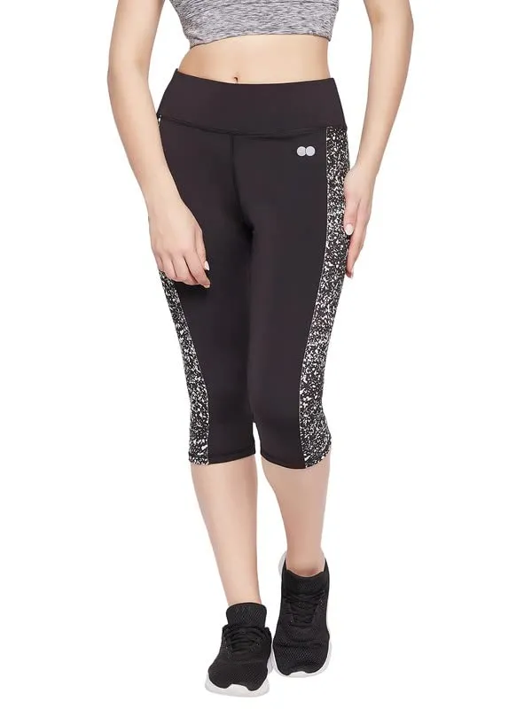 Clovia Women's Snug Fit High-Rise Active Capri in Black with Marble Print Panels (AB0094D13_Black_S)