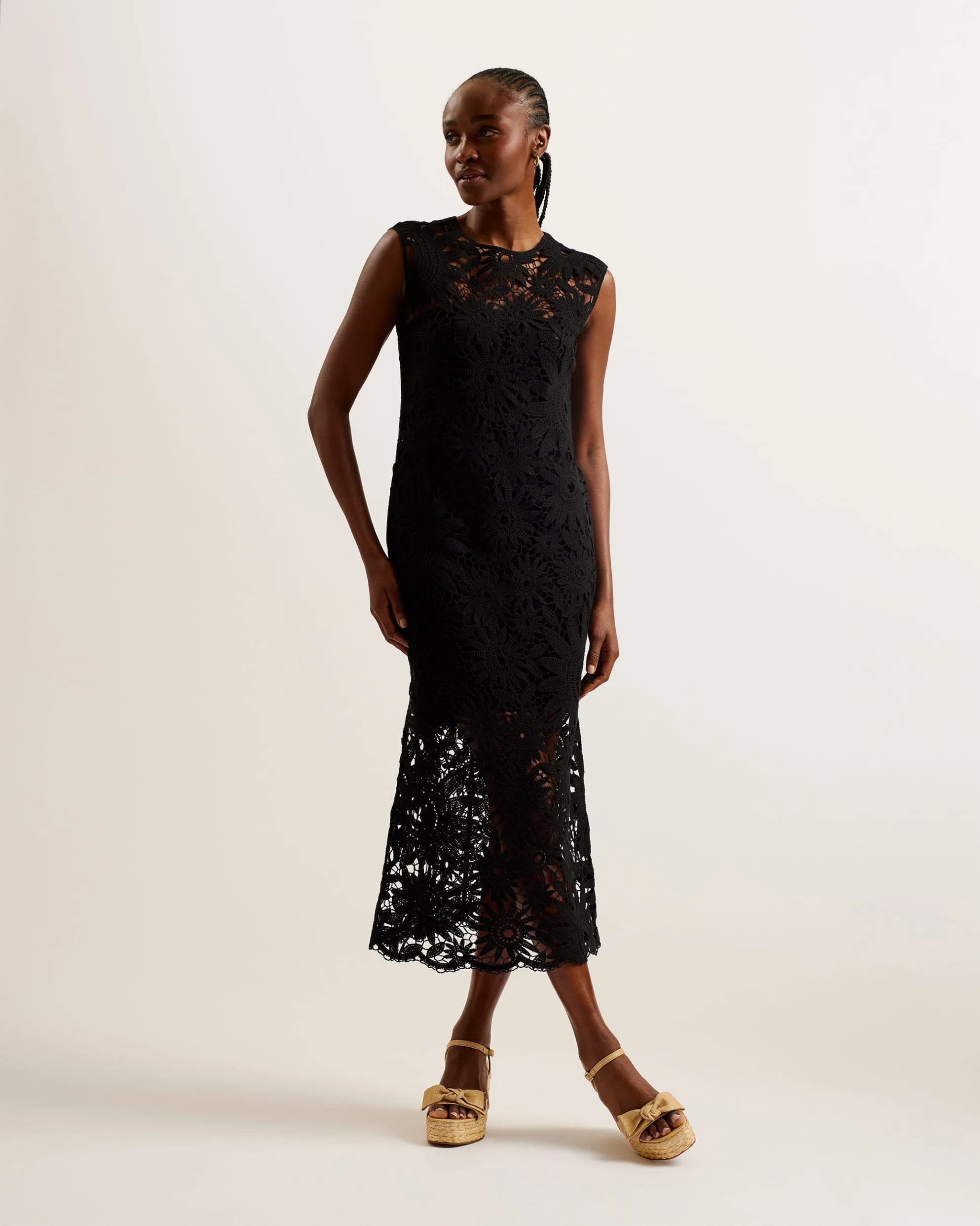 Corha Floral Crochet Sleeveless Midi Dress Black