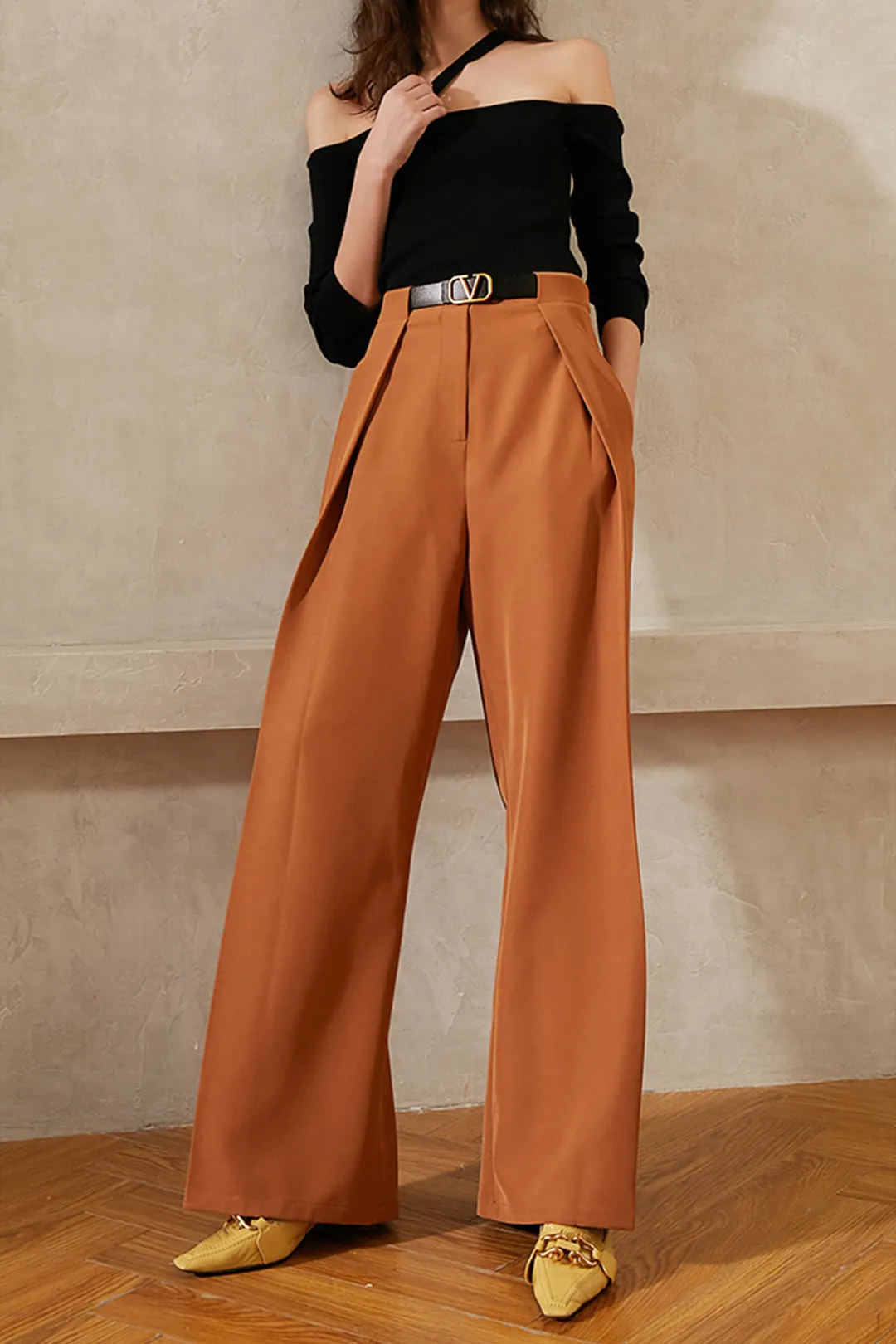 Design drape wide-leg pants | Retro caramel pants | Street wide leg pants