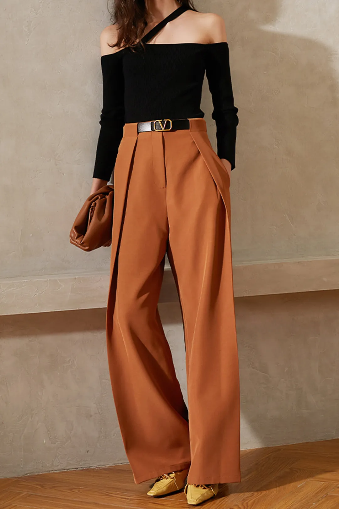 Design drape wide-leg pants | Retro caramel pants | Street wide leg pants