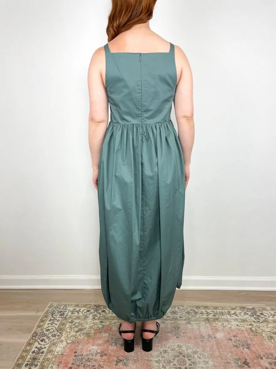 Eco Poplin Square Neck Sculpted Dress in Green Limestone