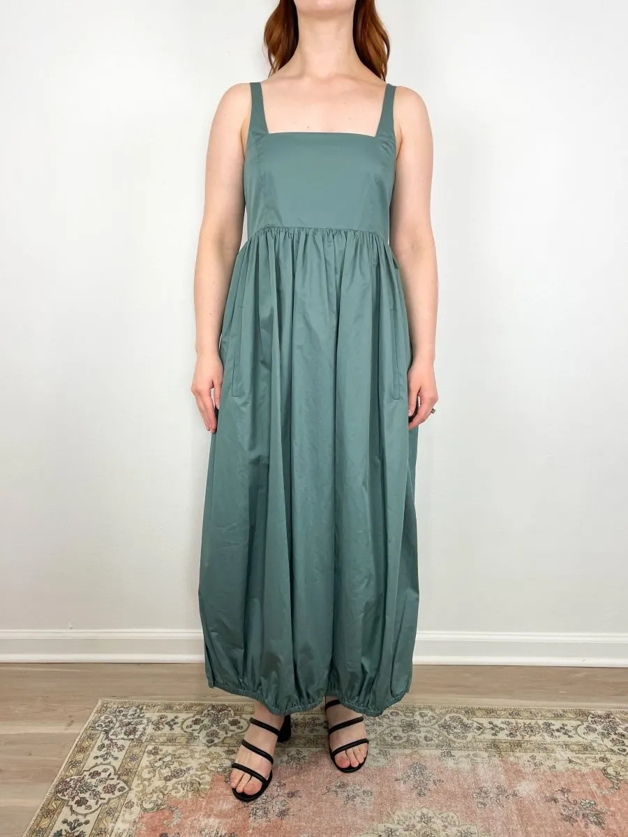 Eco Poplin Square Neck Sculpted Dress in Green Limestone