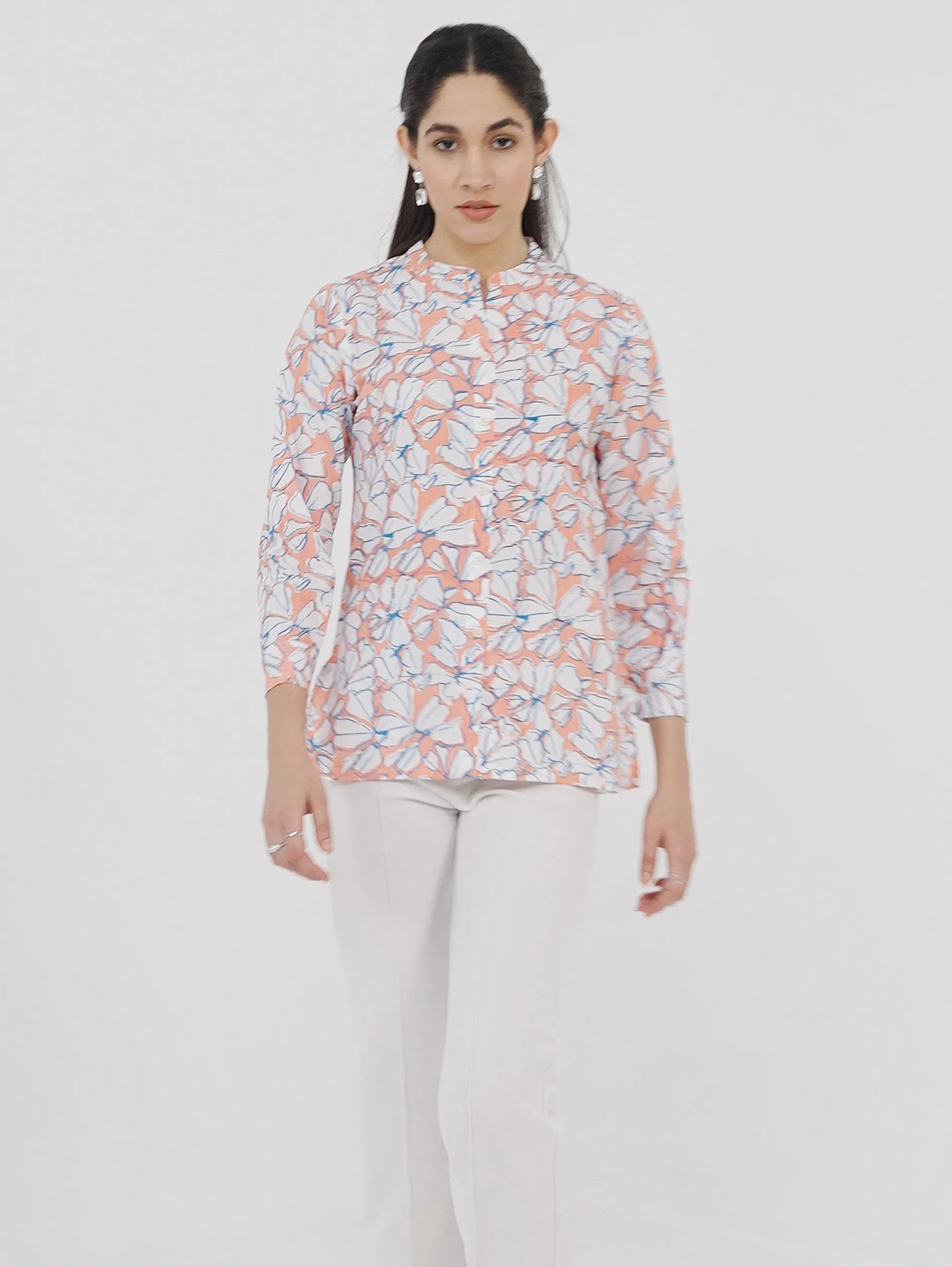 Floral Mandarin Collar Linen Shirt