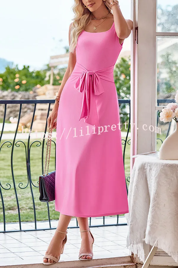 Fresh and Sweet Solid Color Lace Up with Slits Midi Dress