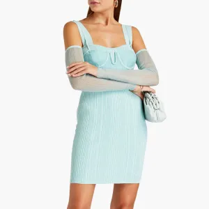 Fresh Sweetheart Cold Shoulder Suspended Strap Jacquard Bandage Mini Dress - Blue