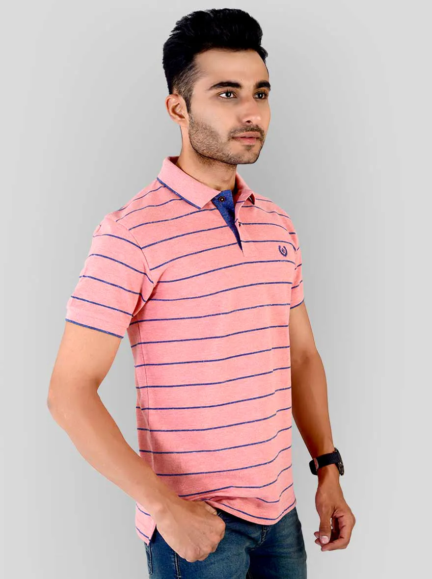 Light Pink & Blue Striped Slim Fit Polo T-shirt | Greenfibre