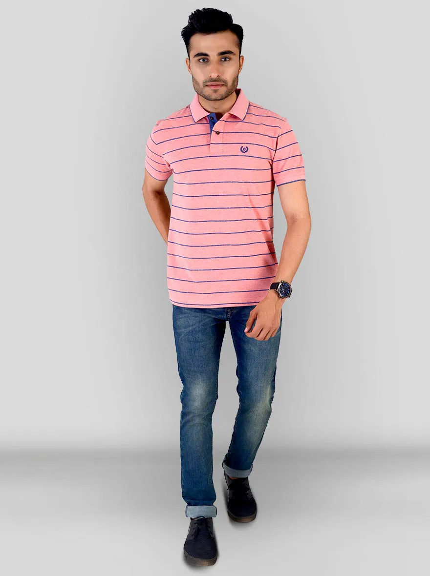 Light Pink & Blue Striped Slim Fit Polo T-shirt | Greenfibre