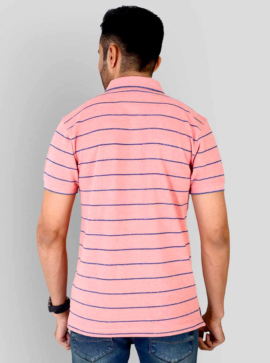 Light Pink & Blue Striped Slim Fit Polo T-shirt | Greenfibre