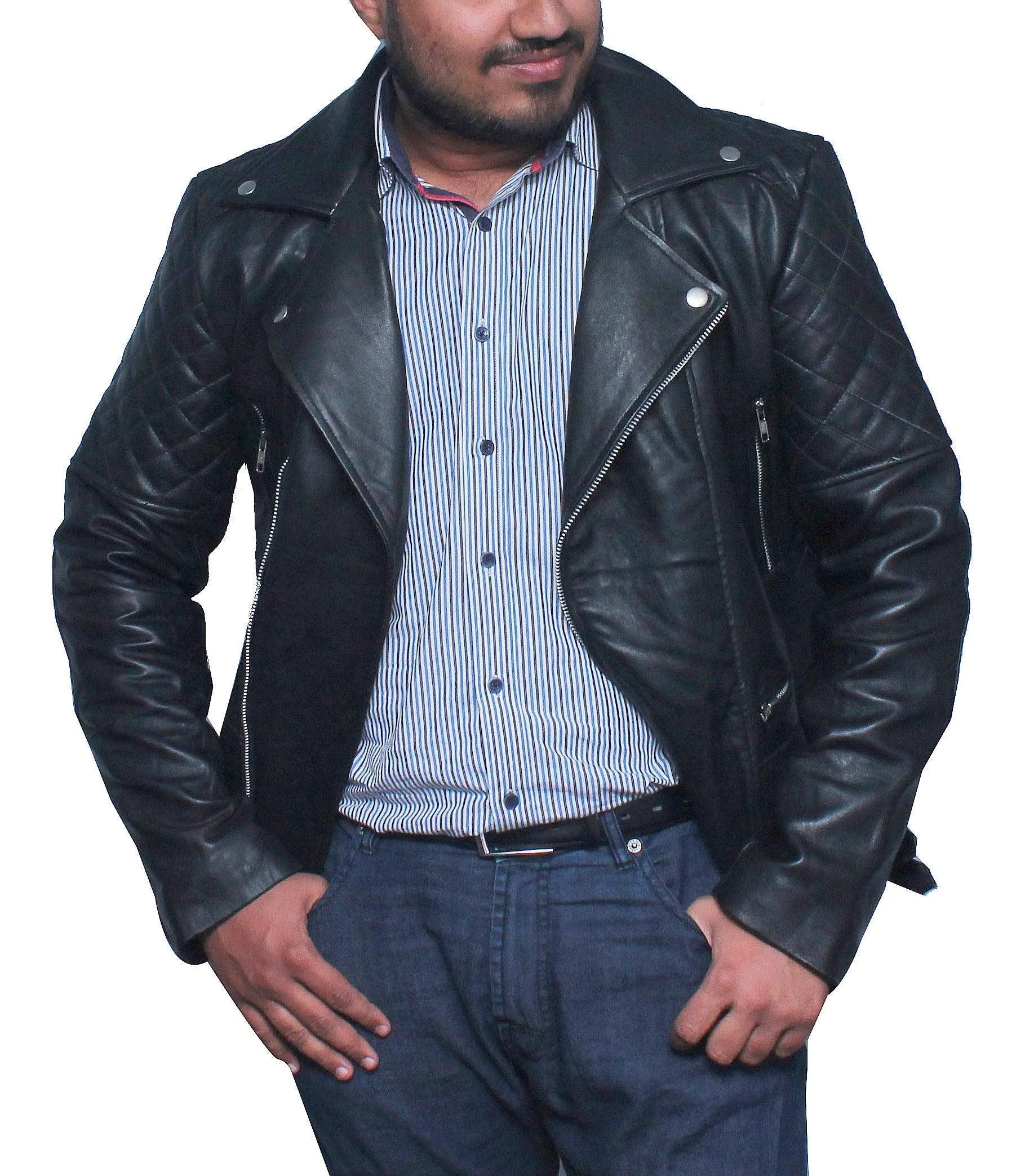 Men Classic Biker Leather Jacket - Black