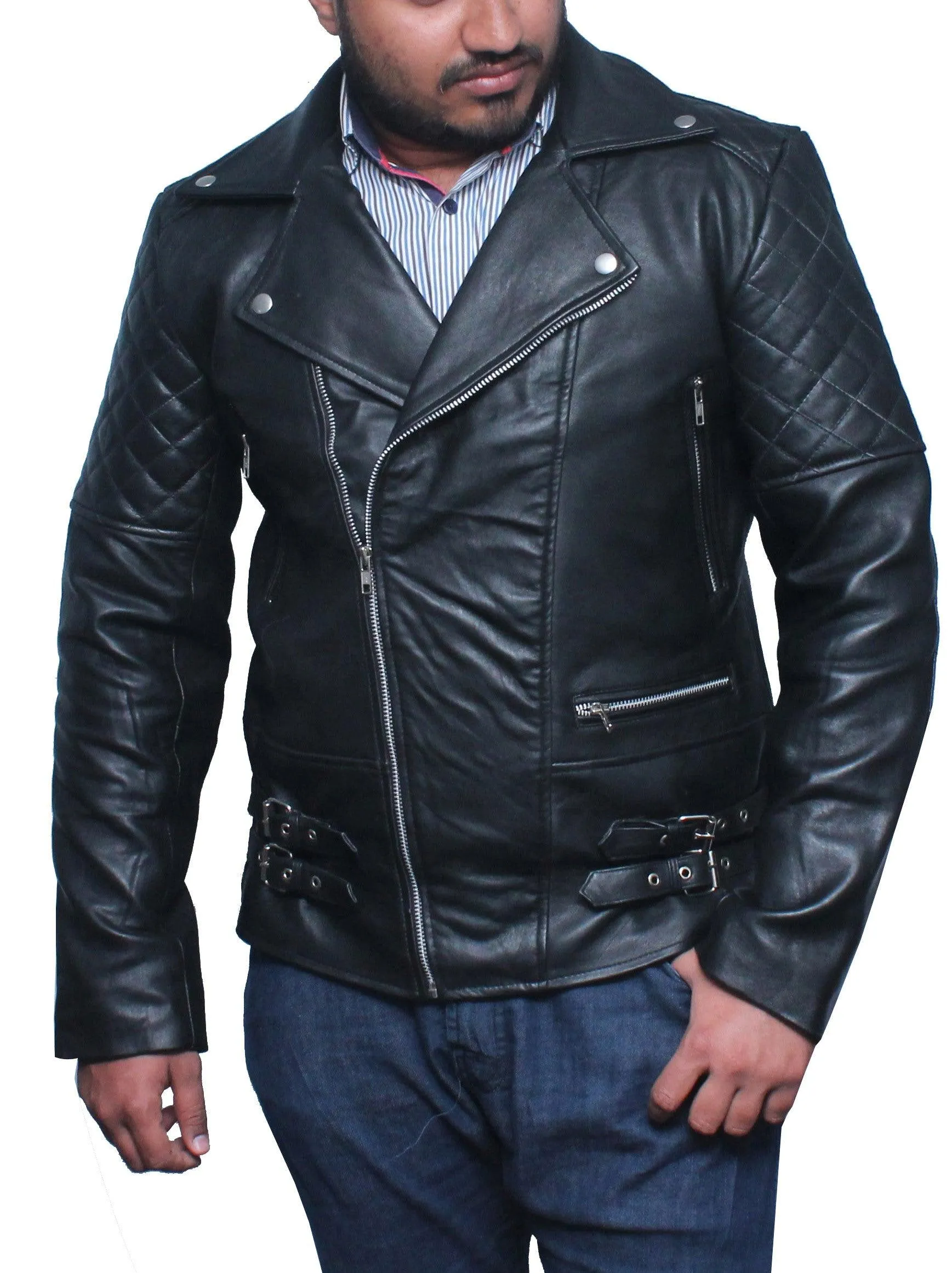 Men Classic Biker Leather Jacket - Black