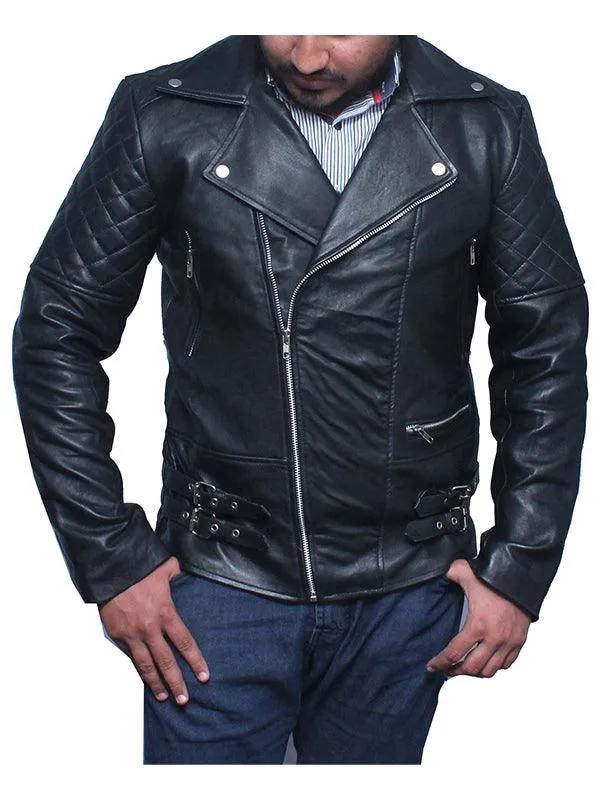 Men Classic Biker Leather Jacket - Black