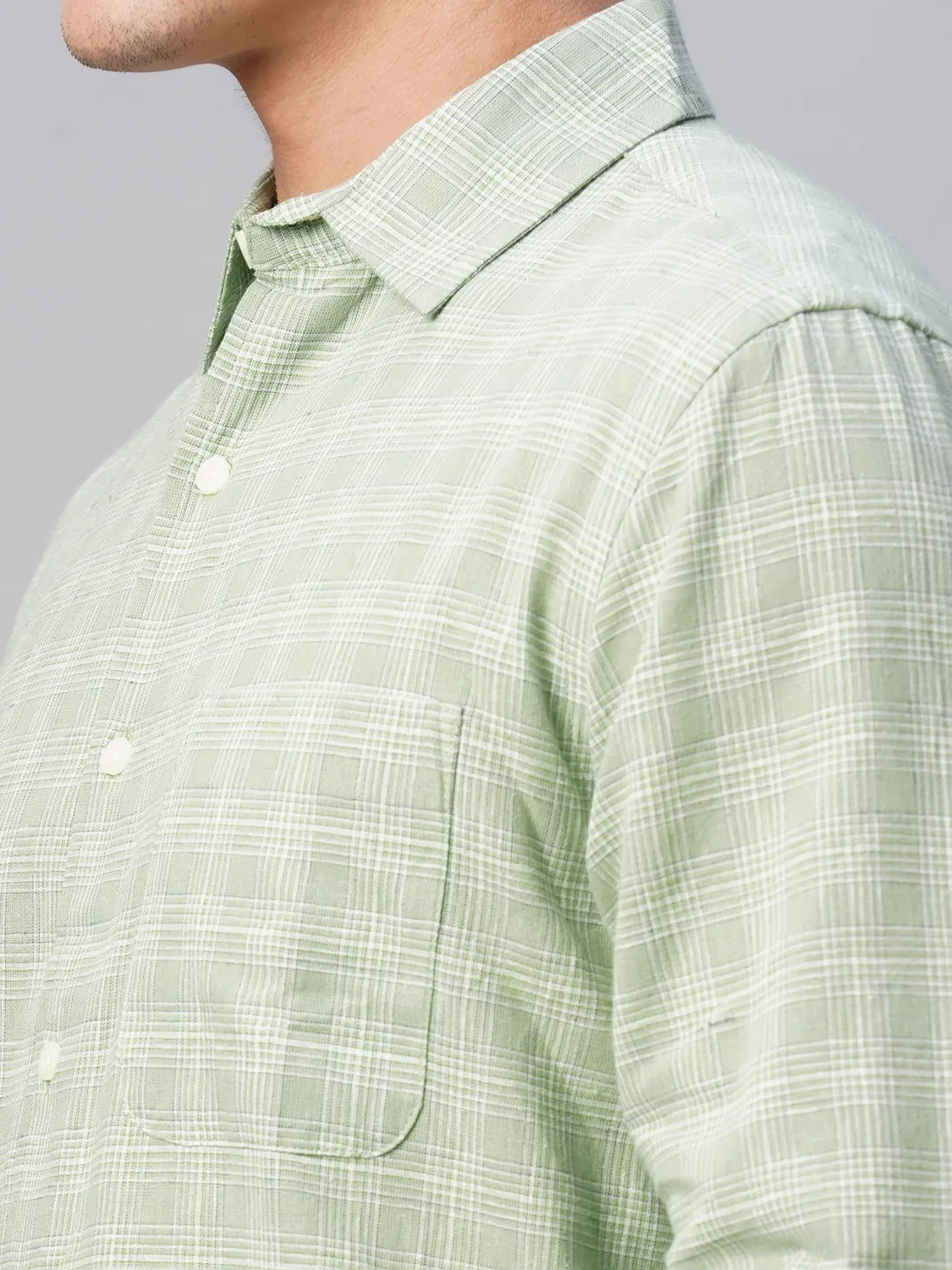 Men's Green Linen Cotton Regular Fit Checked Shirt