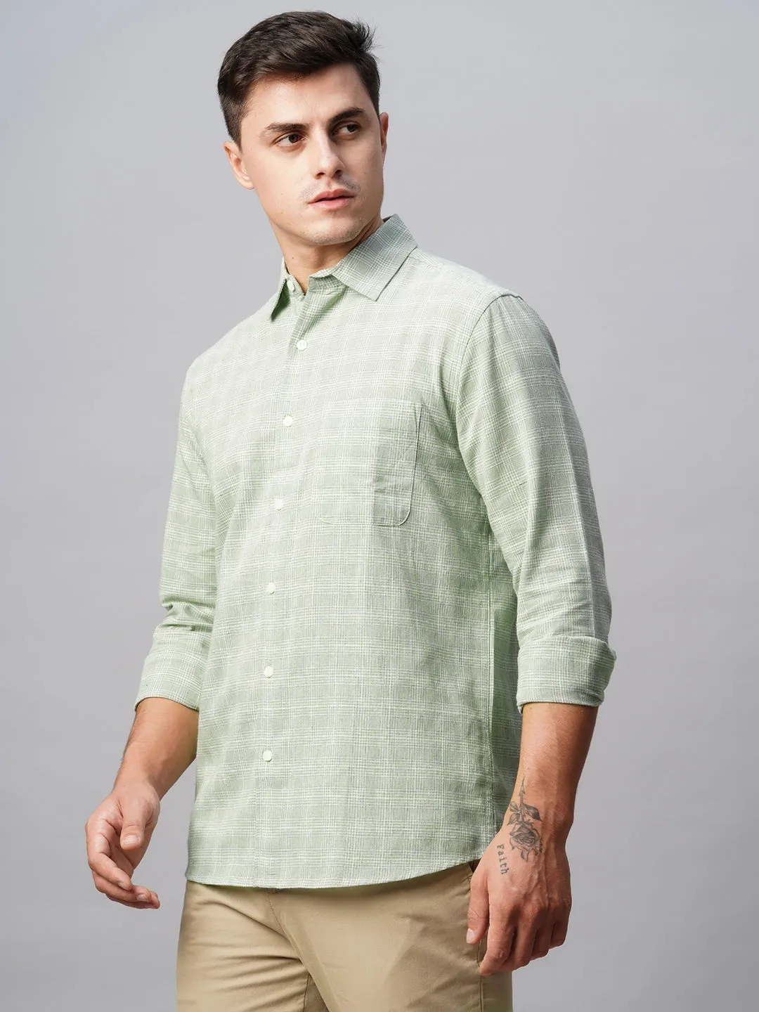 Men's Green Linen Cotton Regular Fit Checked Shirt