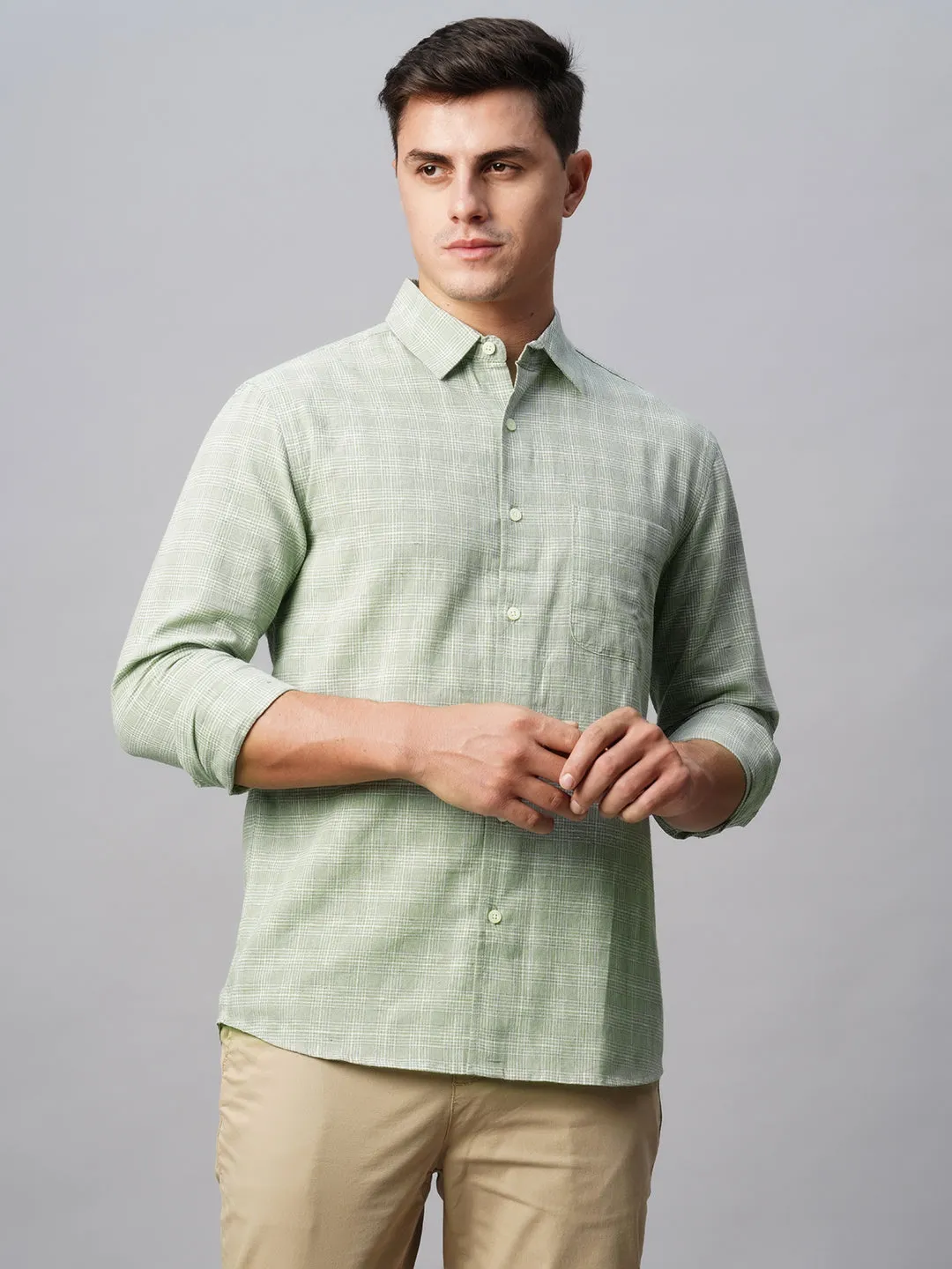 Men's Green Linen Cotton Regular Fit Checked Shirt