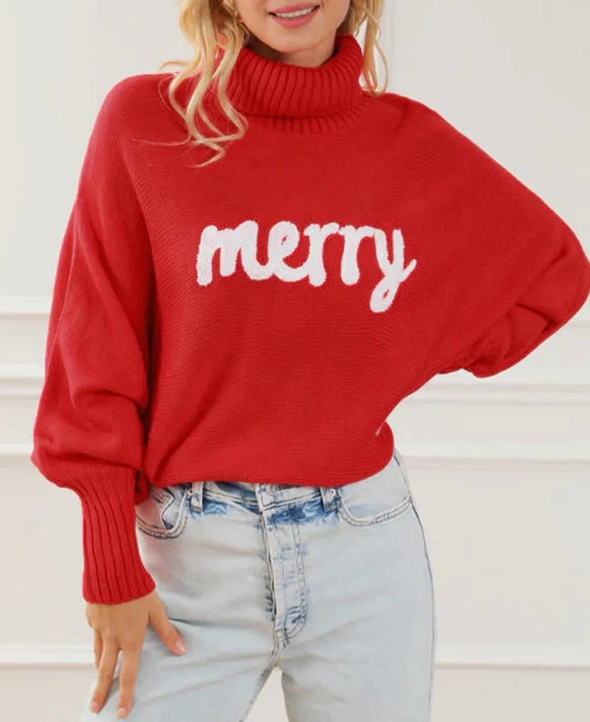 MERRY Embroidered Turtleneck Sweater: Red