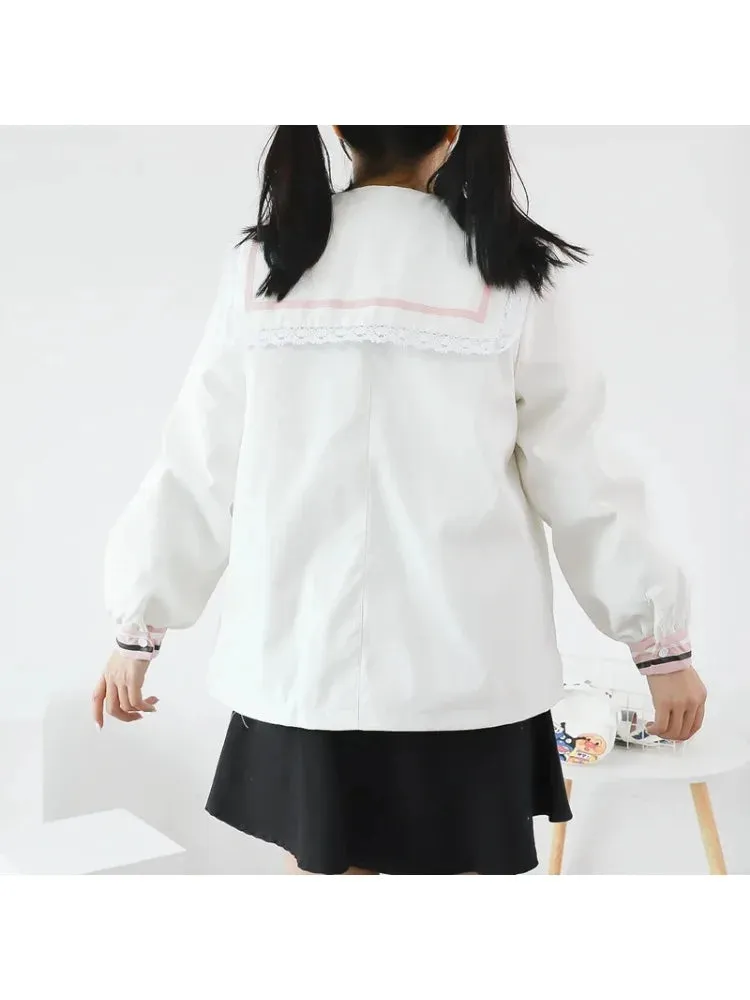 Metaversmall Harajuku Rabbit Embroidery Women Quilted Coats Winter Long Sleeve Sailor Collar Bow Ladies Cotton Liner Jackets Outwears