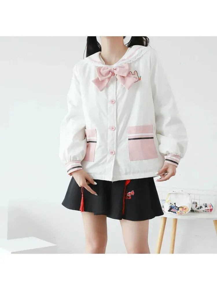 Metaversmall Harajuku Rabbit Embroidery Women Quilted Coats Winter Long Sleeve Sailor Collar Bow Ladies Cotton Liner Jackets Outwears