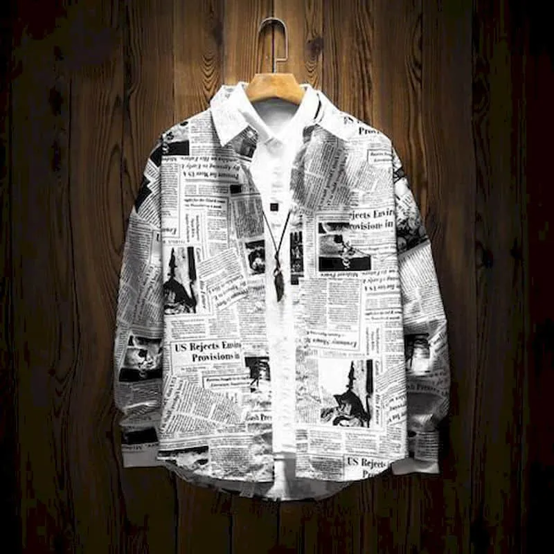 Newspaper shirt Korean trend men's shirt long-sleeved loose couple lovers shirt student all-match shirt fashion streetwear