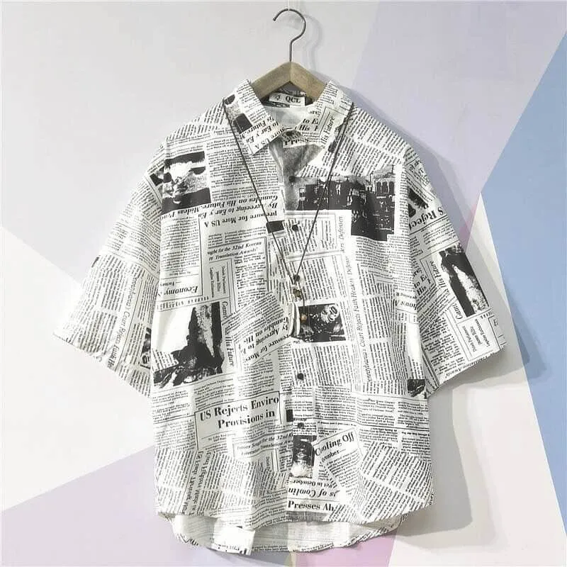 Newspaper shirt Korean trend men's shirt long-sleeved loose couple lovers shirt student all-match shirt fashion streetwear