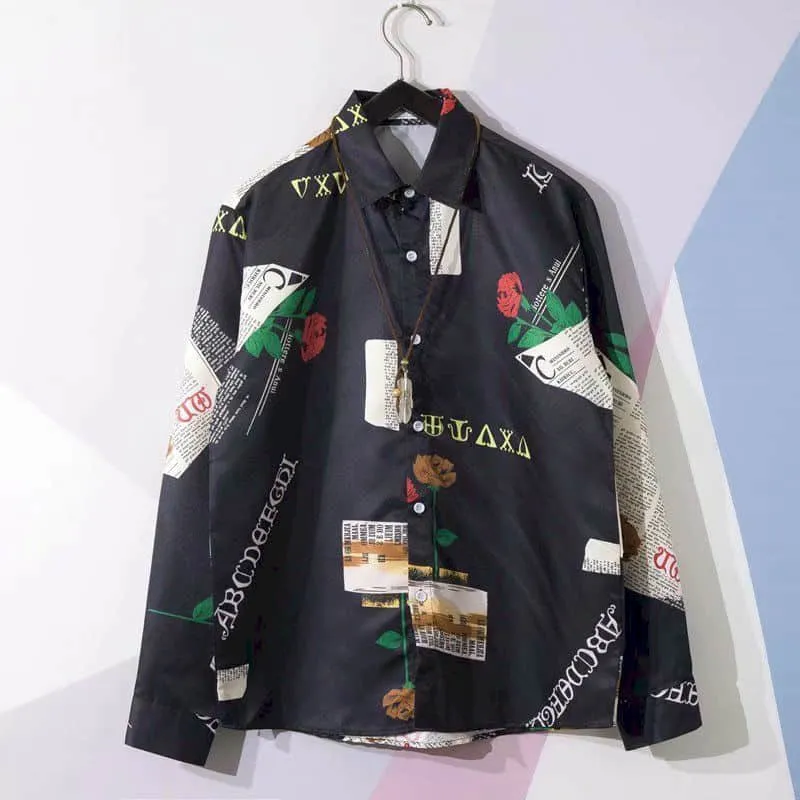 Newspaper shirt Korean trend men's shirt long-sleeved loose couple lovers shirt student all-match shirt fashion streetwear