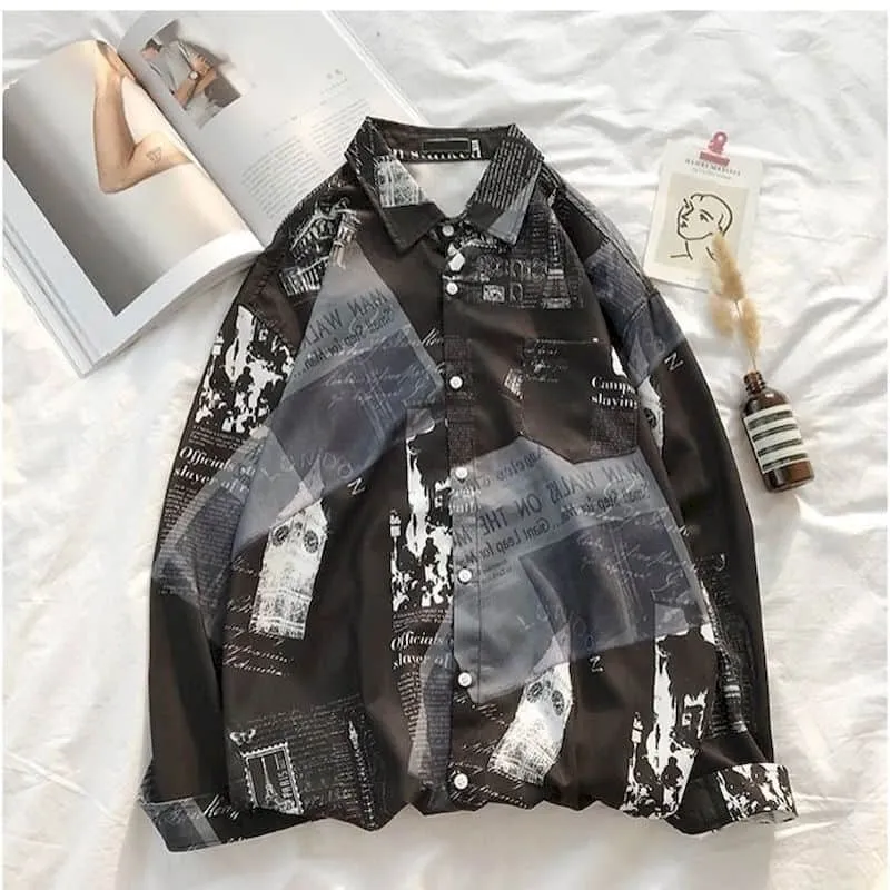 Newspaper shirt Korean trend men's shirt long-sleeved loose couple lovers shirt student all-match shirt fashion streetwear