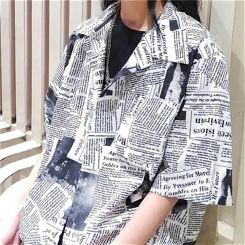 Newspaper shirt Korean trend men's shirt long-sleeved loose couple lovers shirt student all-match shirt fashion streetwear