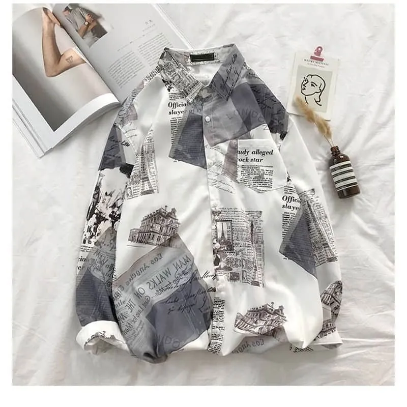 Newspaper shirt Korean trend men's shirt long-sleeved loose couple lovers shirt student all-match shirt fashion streetwear