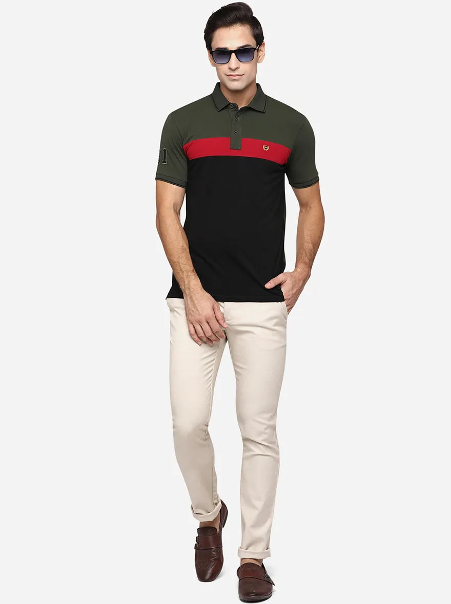 Olive & Black Striped Slim Fit Polo T-Shirt | JadeBlue