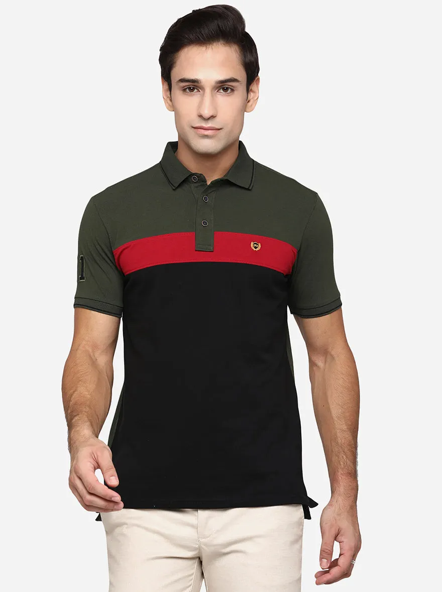 Olive & Black Striped Slim Fit Polo T-Shirt | JadeBlue