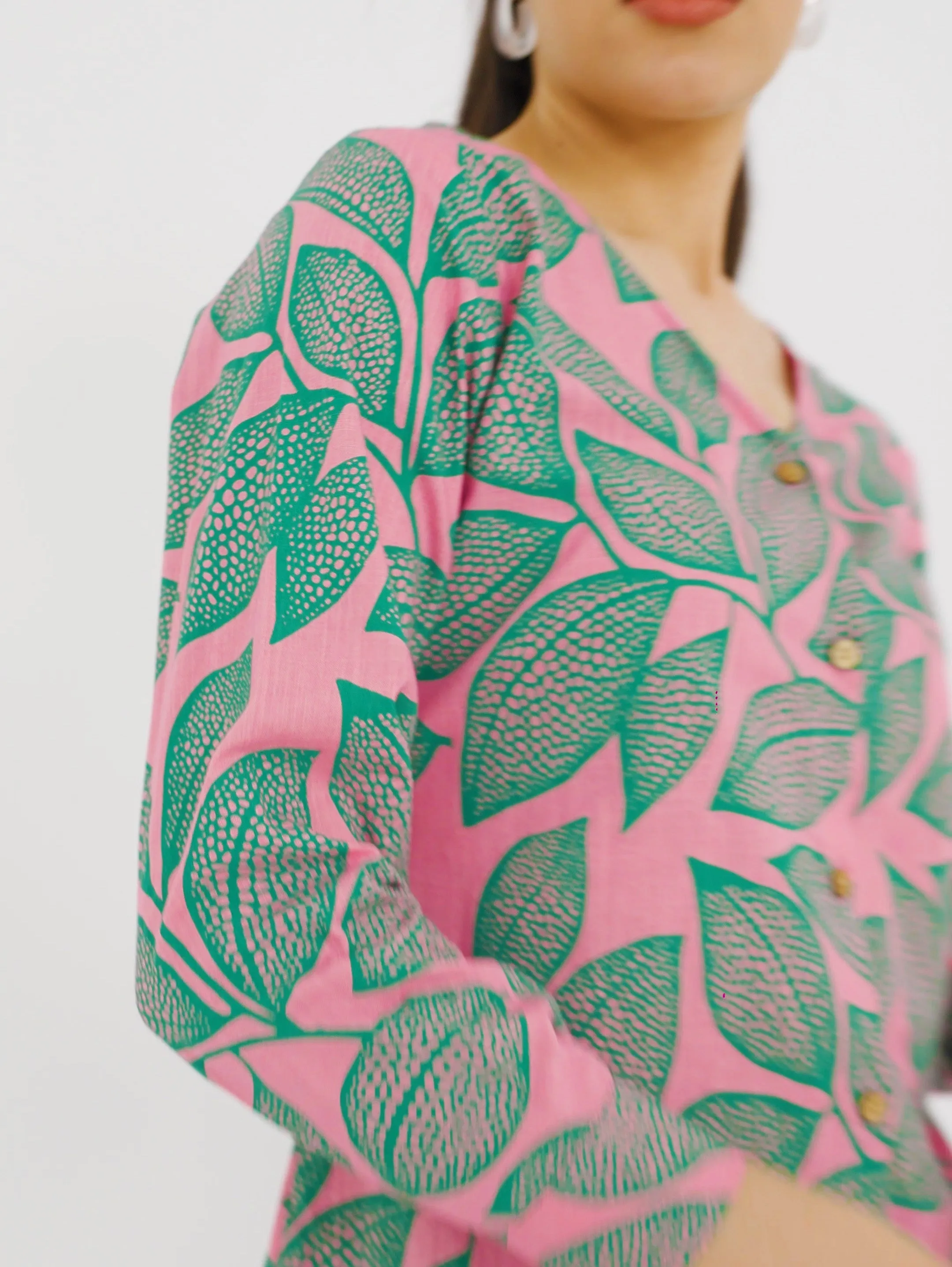 Pink Leafy V Neck Printed Shirt