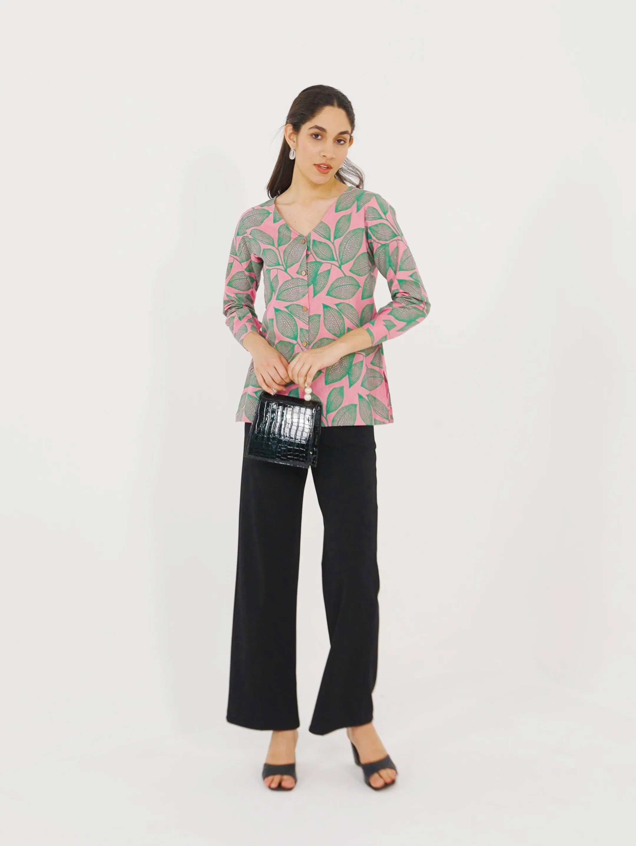 Pink Leafy V Neck Printed Shirt