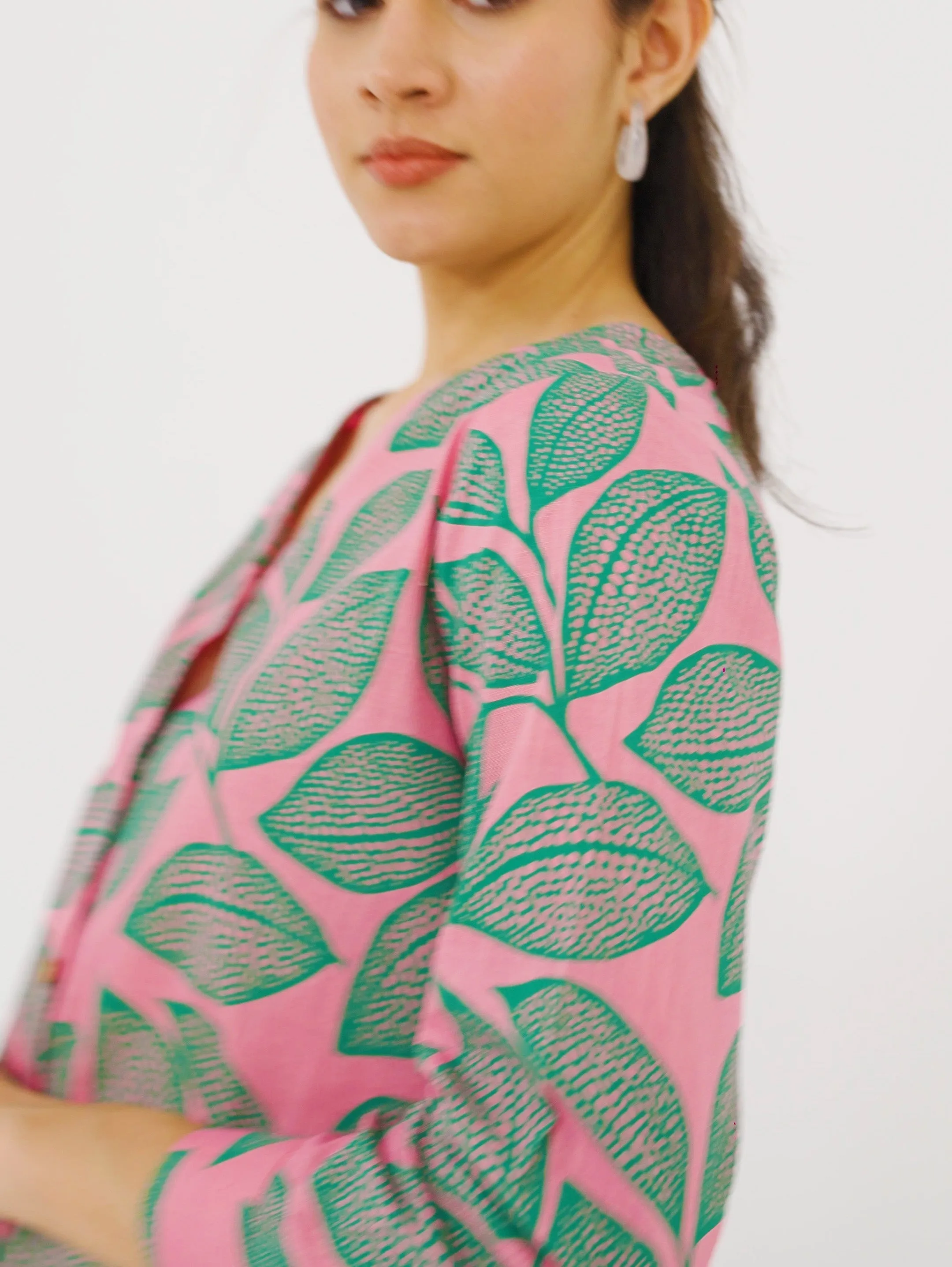 Pink Leafy V Neck Printed Shirt