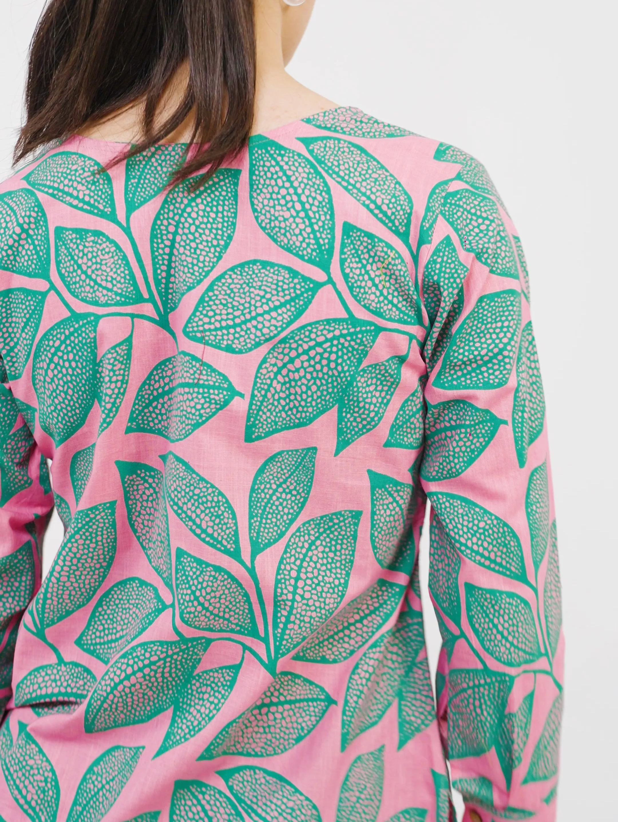 Pink Leafy V Neck Printed Shirt