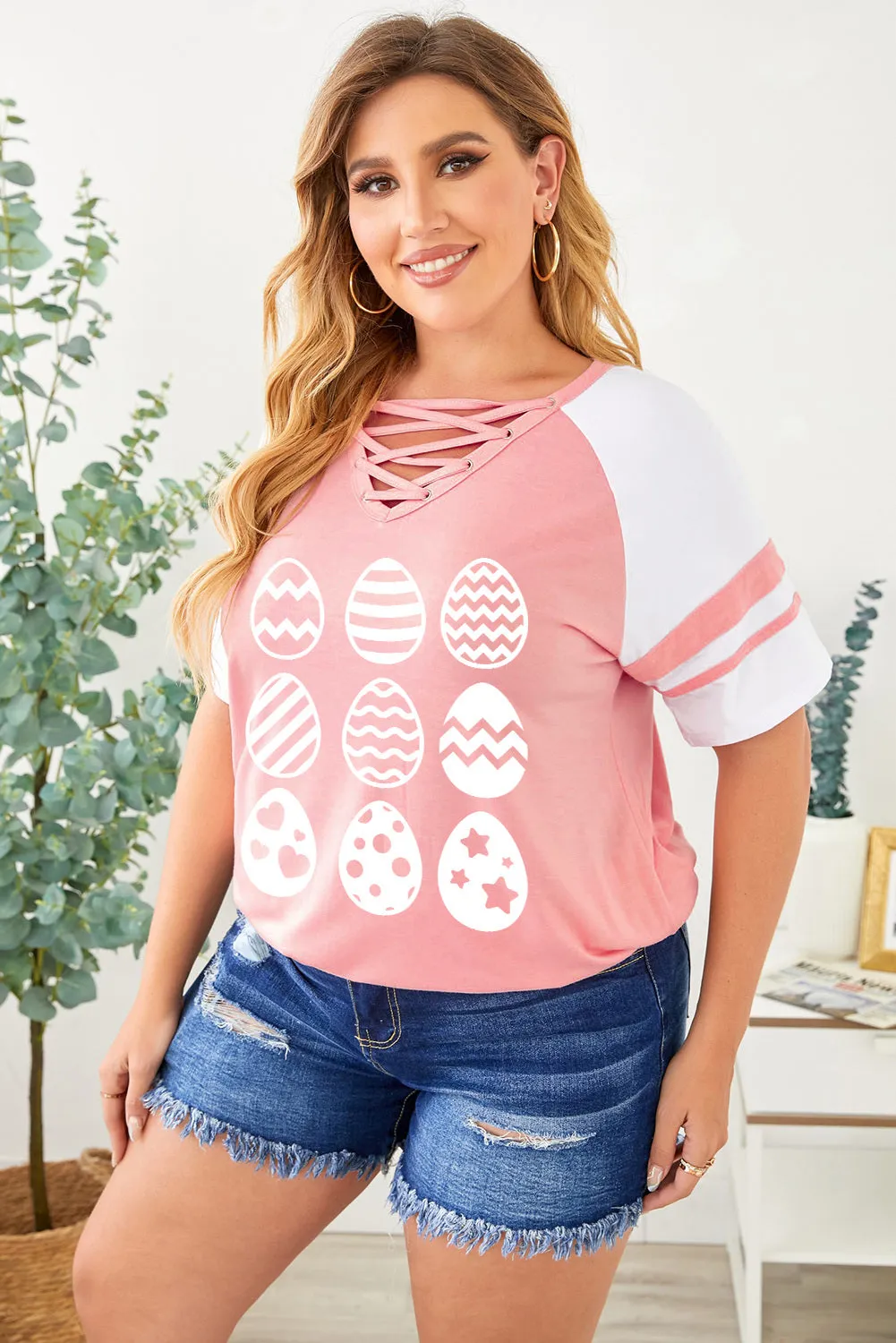 Plus Size Easter Eggs Graphic Tees Strappy V Neck T Shirt