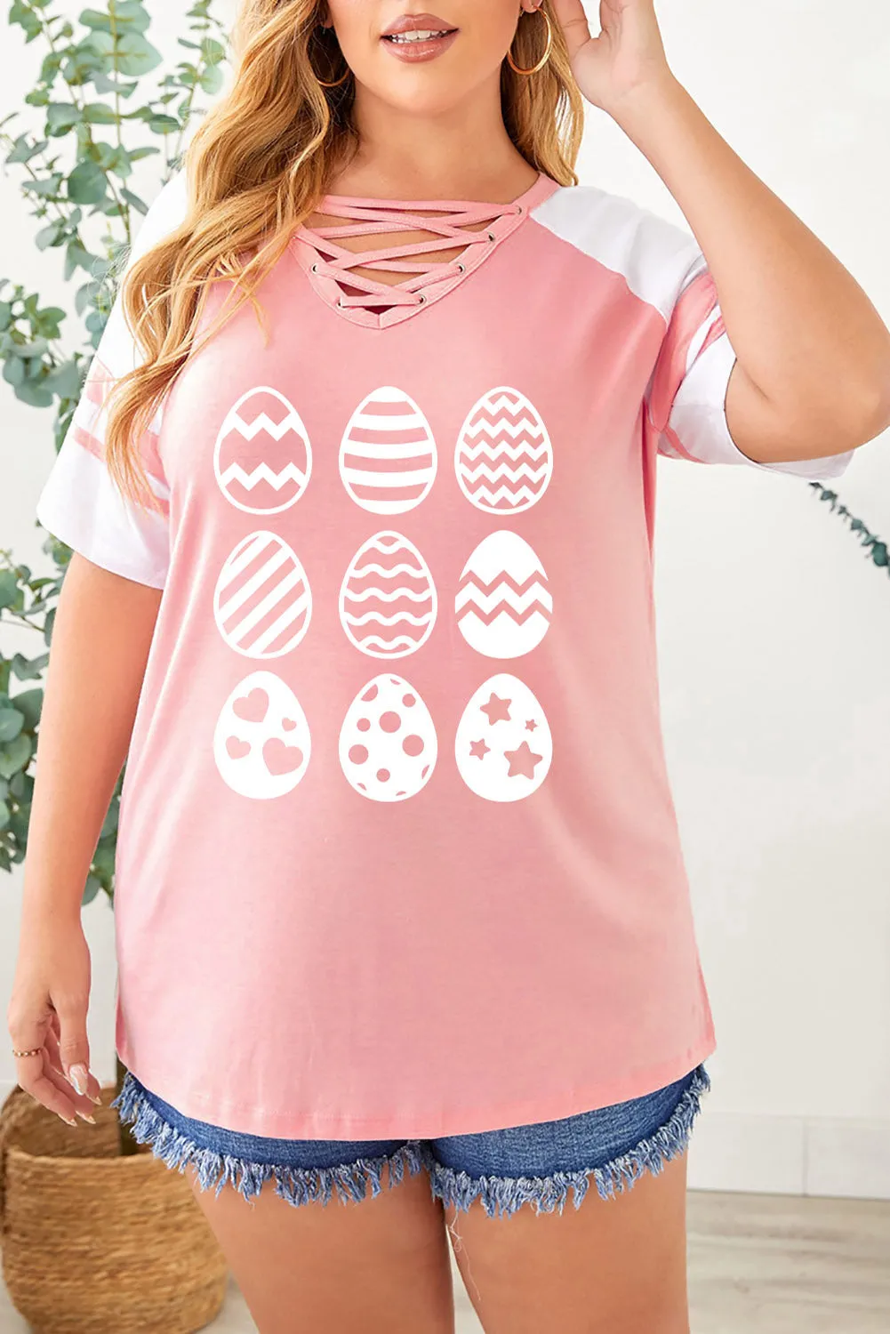 Plus Size Easter Eggs Graphic Tees Strappy V Neck T Shirt