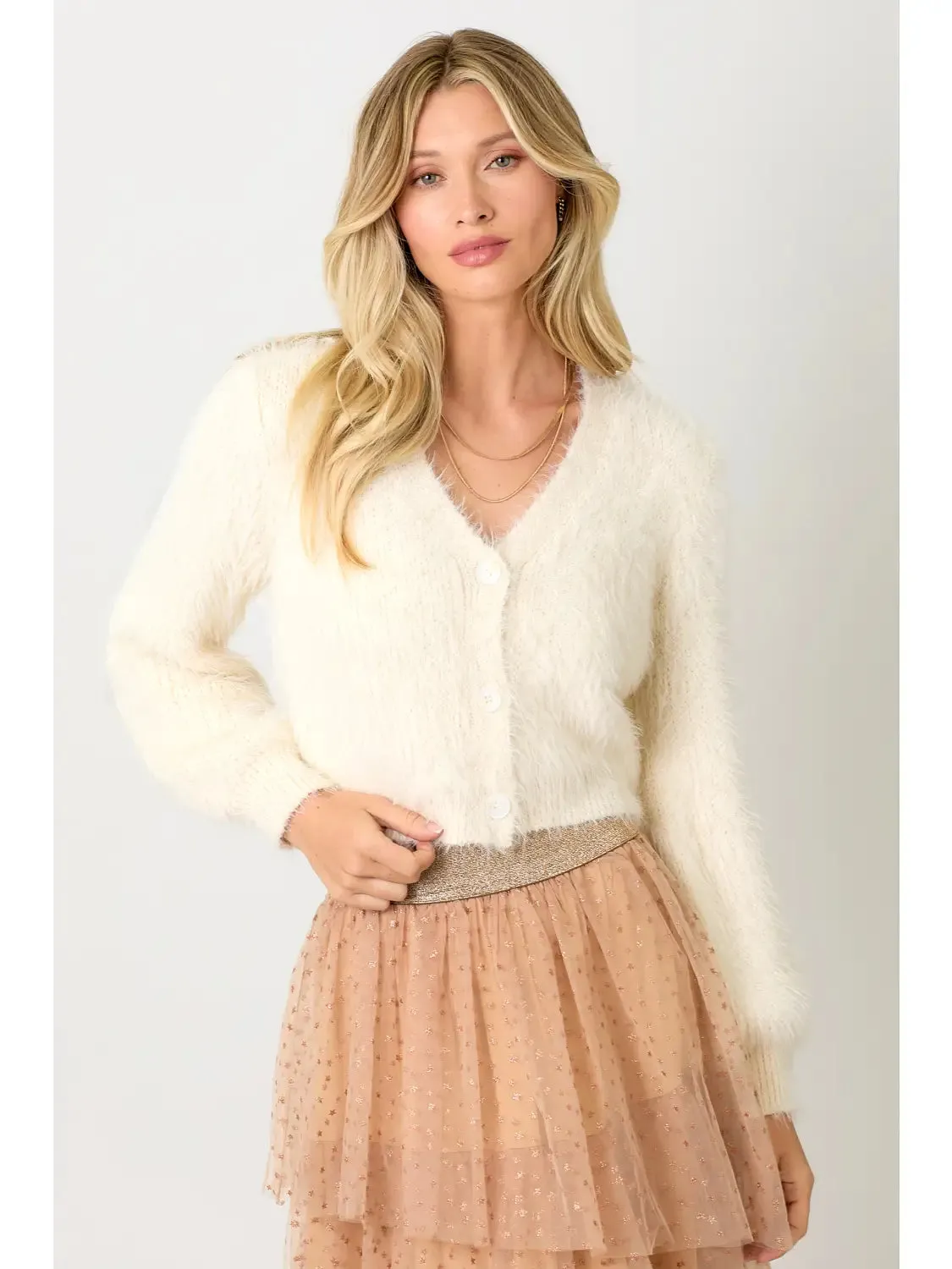 Puff Sleeve Fuzzy Cardigan