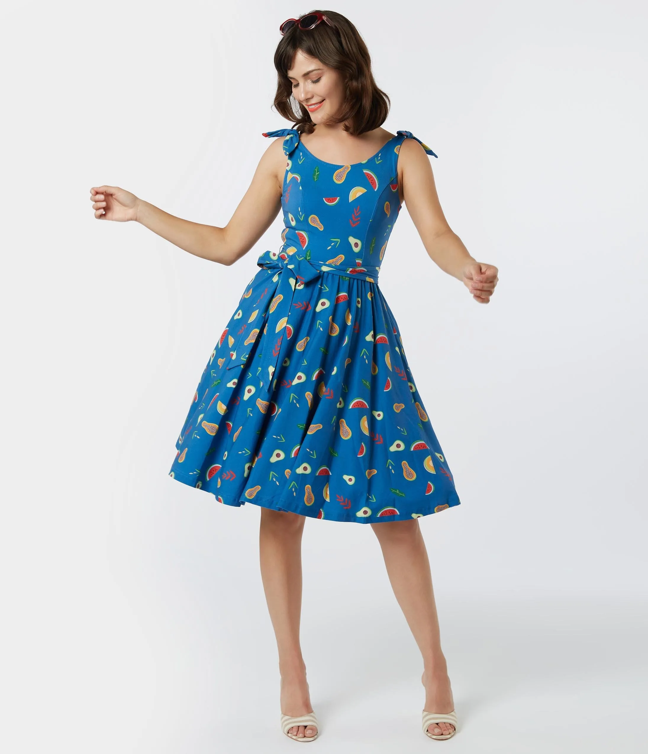 Retro Style Blue Fruit Print Bri Swing Dress