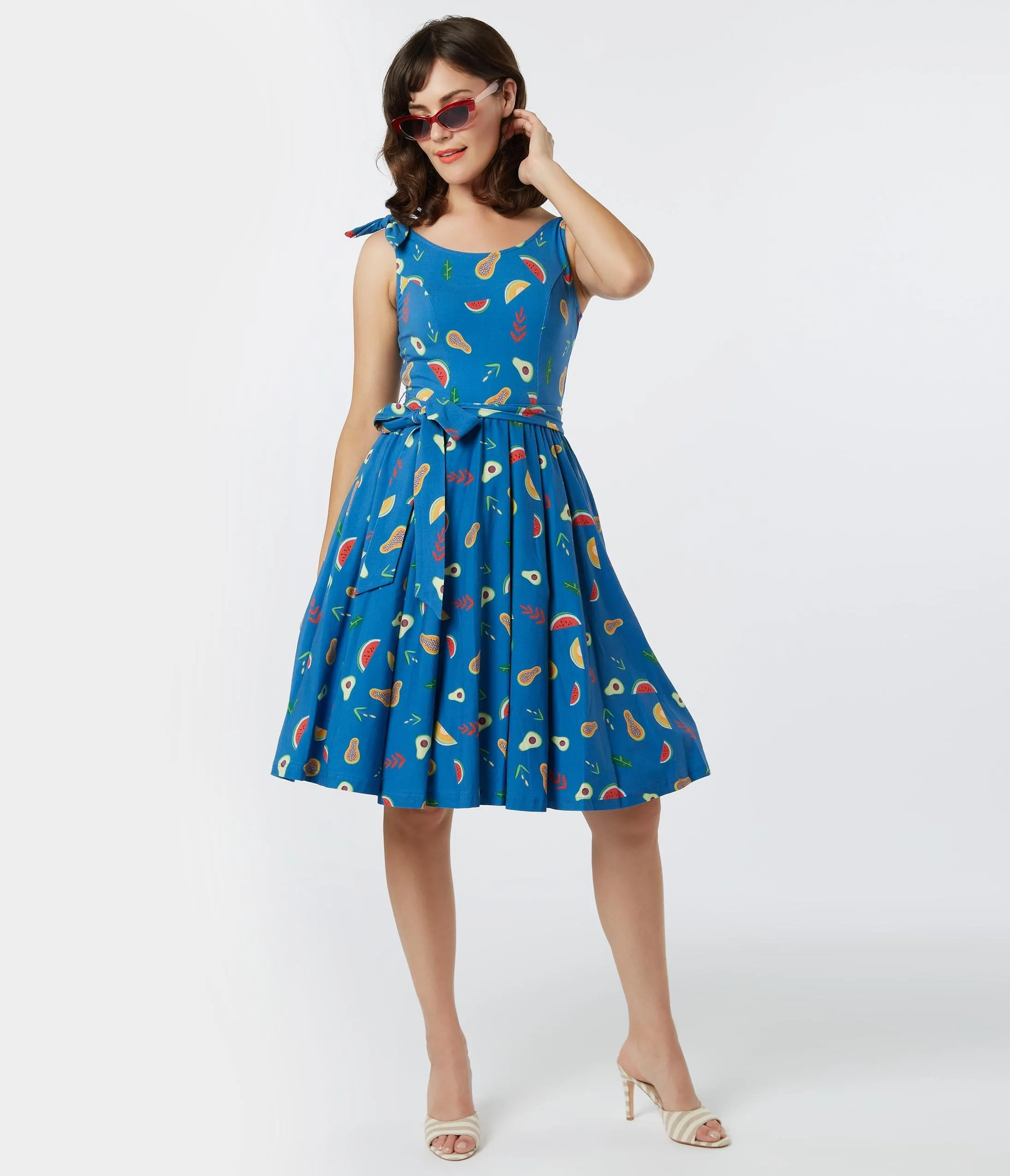 Retro Style Blue Fruit Print Bri Swing Dress