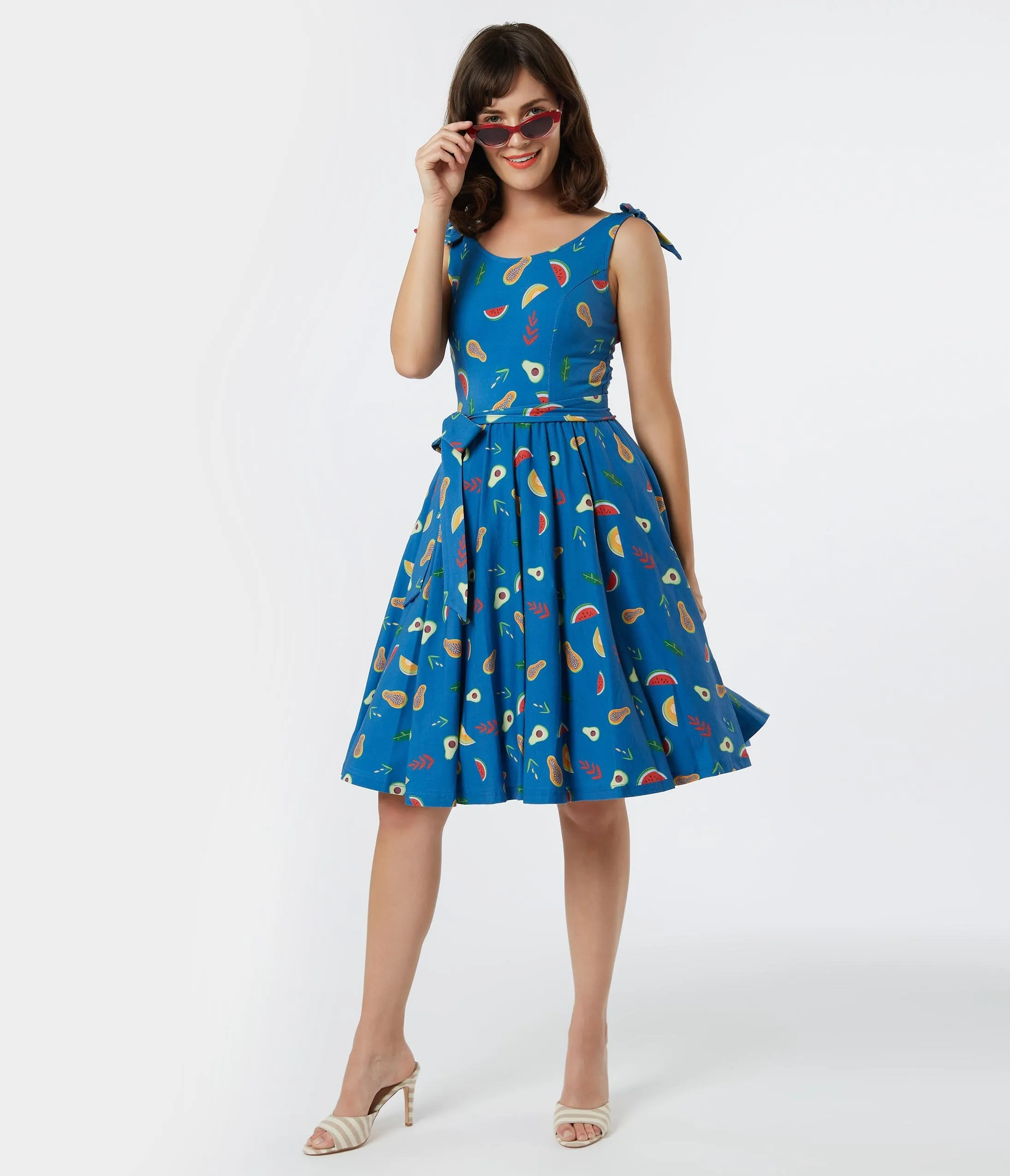 Retro Style Blue Fruit Print Bri Swing Dress