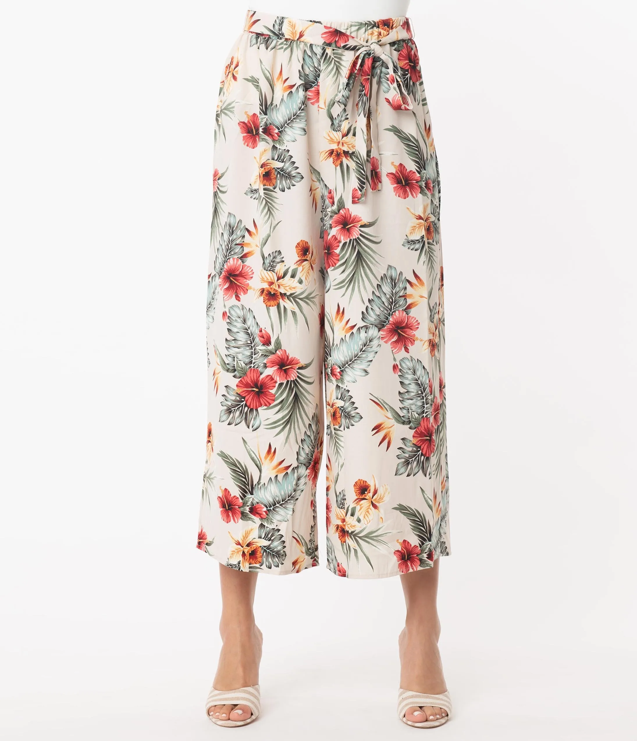 Retro Style Tropical Print Wide Leg Culotte